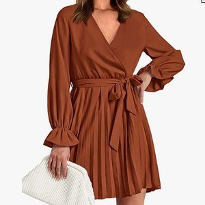 Women's Casual Wrap V Neck Long Sleeve Dress